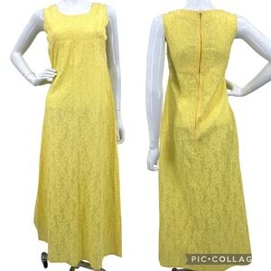 Vintage 70s Butter Yellow Lace Maxi Dress Bridgerton Lacy Feminine Retro Cottage